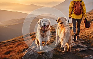 Woman with golden retriever dogs hiking in mountain top in the morning. Beautiful landscape. Travel and freedom concept