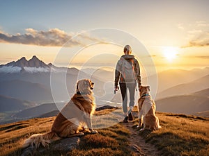 Woman with golden retriever dogs hiking in mountain top in the morning. Beautiful landscape. Travel and freedom concept