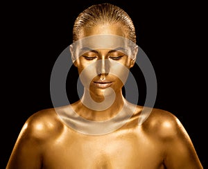 Woman Golden Skin, Fashion Model Painted Gold Body Art, Bronze Beauty Makeup