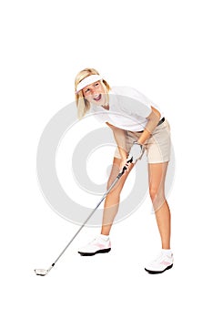 Woman, golf and stick ready for sports game, match or fun golfing against a white studio background. Happy blond female