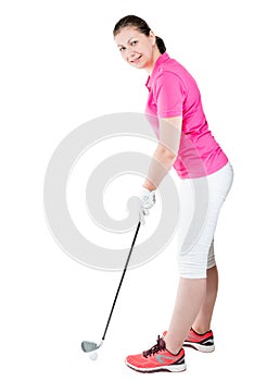 Woman golfer in full length plays golf on a white