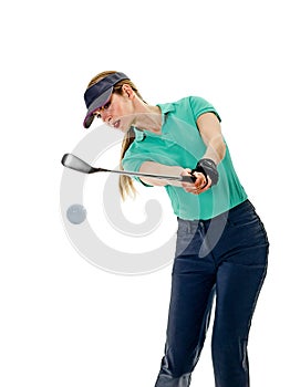 Woman golfer golfing isolated