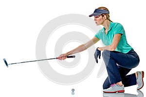 Woman golfer golfing isolated