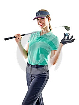 Woman golfer golfing isolated