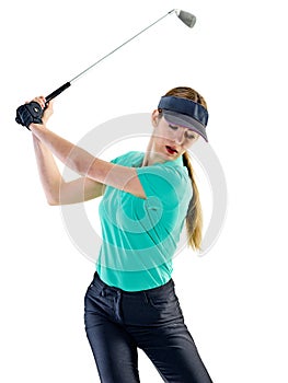 Woman golfer golfing isolated