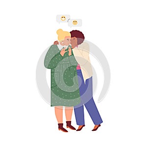 Woman gossip and whisper rumors about others, flat vector illustration isolated.