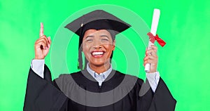 Woman graduate, point up and green screen with smile for choice, face and excited in mockup. College student girl