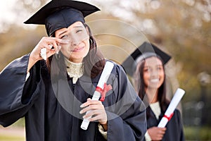 Woman graduate, portrait and happy crying at college, campus and celebration with diploma. University student