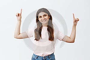 Woman graduated from university getting up corporate ladder. Portrait of pleased charming friendly-looking european girl