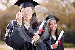 Woman, graduation portrait and happy crying at college, campus and celebration with diploma. University student, girl