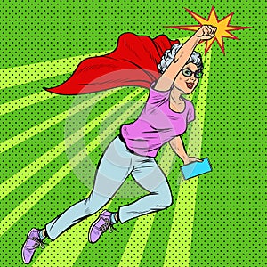 Woman grandmother superhero flying active strong pensioner elderly lady