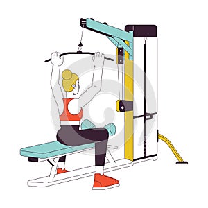 Woman grasping bar on lat pulldown machine flat line color vector character