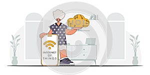 Woman grasping cloud data storage, vector modern character design. photo