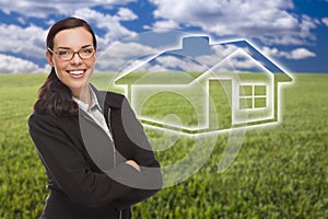 Woman and Grass Field with Ghosted House Figure Behind