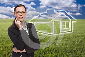 Woman and Grass Field with Ghosted House Figure Behind