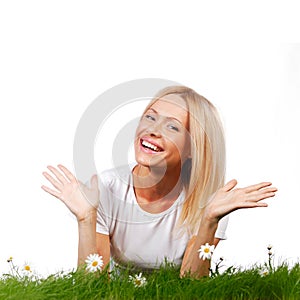 Woman on grass with flowers