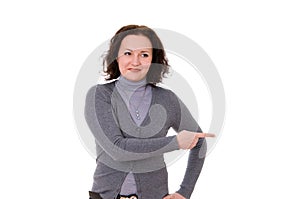 Woman in the gray cardigan
