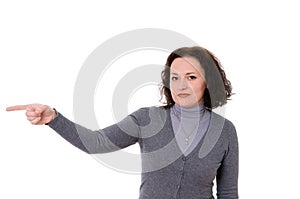 Woman in the gray cardigan