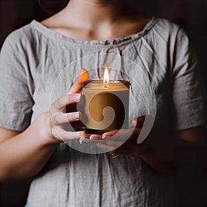 Woman in gray dress holding burning candle, design and branding ready candle jar mockup with female hands, no face