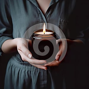 Woman in gray dress holding burning candle, design and branding ready candle jar mockup with female hands, no face