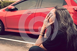 Woman gray hair with worried stressed face expression at car par