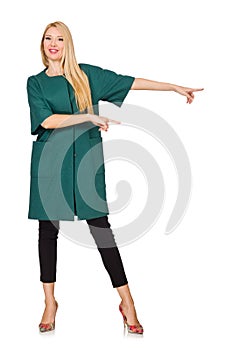 The woman in green coat isolated on white