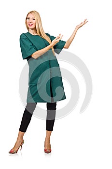 The woman in green coat isolated on white