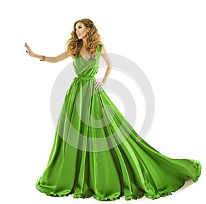 Woman Green Dress, Fashion Model in Long Silk Gown Touch by Hand