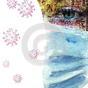 Woman with green eyes wearing face mask, newspaper print texture, watercolor cells