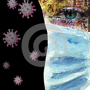 Woman with green eyes wearing face mask, newspaper print texture, watercolor cells