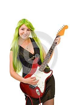 Woman with green hair and guitar