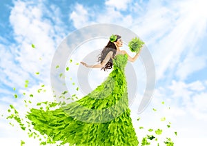 Woman Green Leaves Dress, Nature Fashion Beauty Girl in Leaf Gown