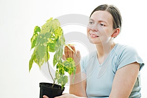 woman with green sprout of tree