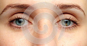 Woman with green vision eyes blink for iris and eyesight health test at optometrist for cosmetics eyeball surgery. Girl