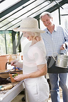 Woman in greenhouse planting seeds and man