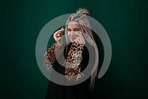 Woman With Grey Hair Wearing Leopard Print Shirt