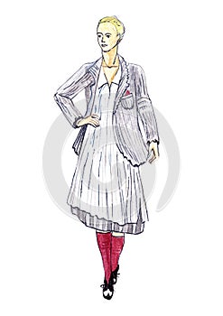 Woman in grey striped dress and jacket isolated on the white background. Watercolor fashion illustration