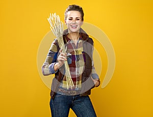 Woman grower on yellow background with wheat spikelets