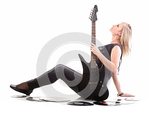 Woman with guitar analogue records music lover isolated