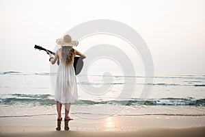 Woman Guitar Lady Rhythm Beach Holiday Girl Concept