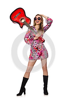 Woman guitar player isolated on white