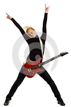 Woman guitarist with hands in the air