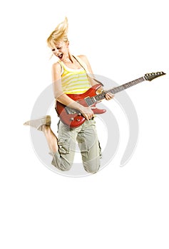 Woman guitarist jumps
