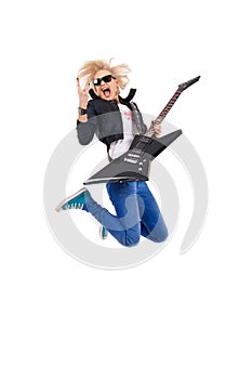 Woman guitarist jumps