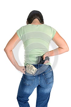 Woman with gun and cash