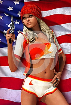 Woman with gun in front of the American flag 3D illustration