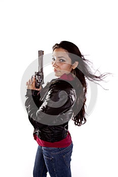 Woman gun hair blowing