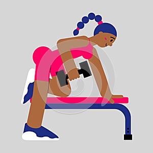 Woman in gym doing back exercise. Flat female character at workout in trendy sportwear suit with dumbbell.