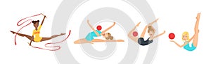 Woman Gymnast with Sport Ball and Ribbon Perform Gymnastics Pose Vector Set