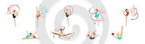 Woman Gymnast with Sport Ball and Ribbon Perform Gymnastics Pose Vector Set